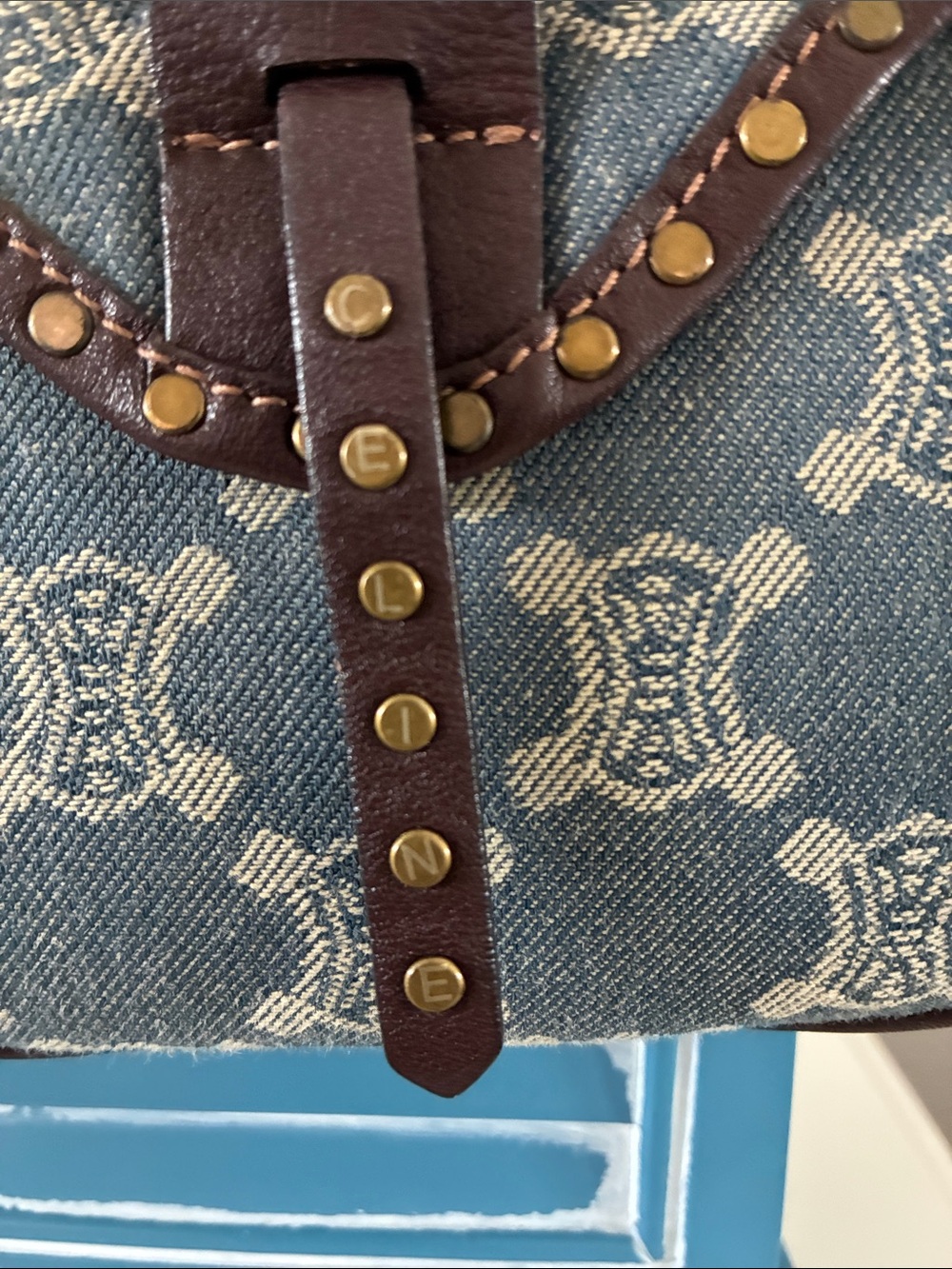 Celine Blue and Cream Monogram Shoulder Bag with Brown Leather Trim and Studs - Picture 2 of 10